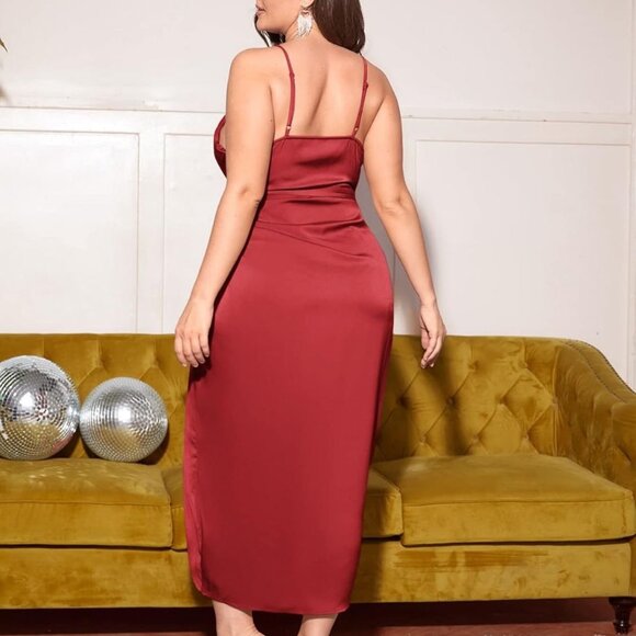 Floerns Women's Plus Size Satin Spaghetti Strap‎ Cowl Neck Wrap Party Cami Dress - Picture 3 of 12